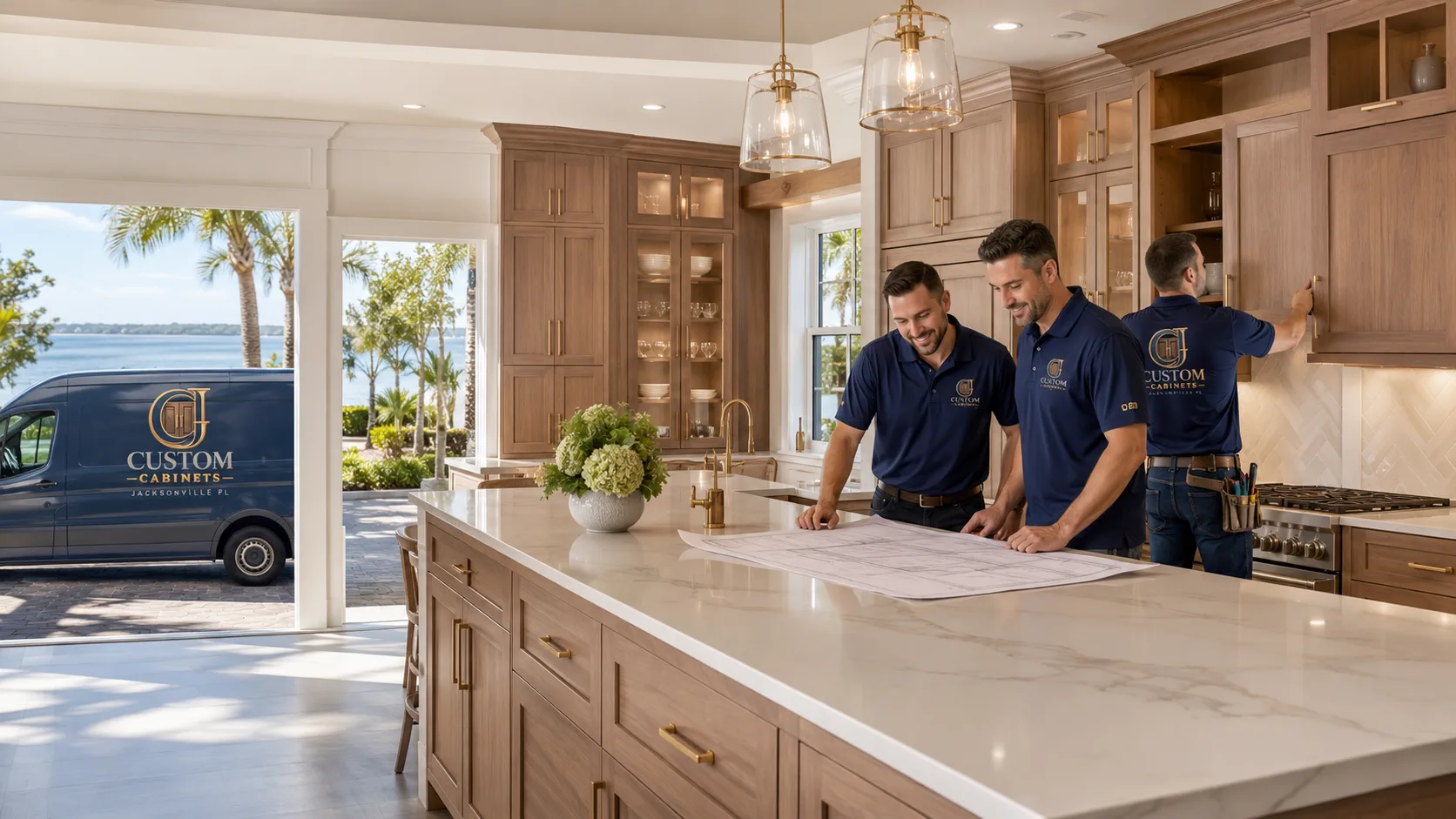 Premium custom kitchen cabinetry, cabinetry team, and branded work van in Jacksonville, FL