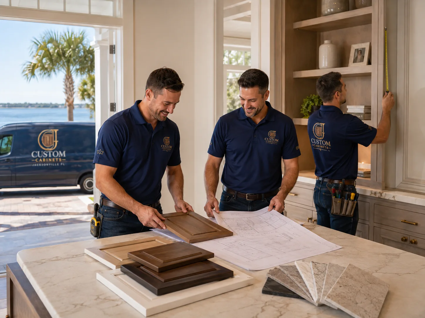 Cabinetry team reviewing cabinet doors and plans in a Jacksonville home